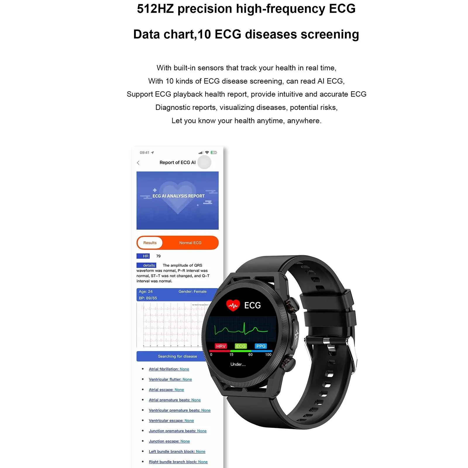1.39 Inch Ips Screen Ip67 Waterproof Leather Band Smart Watch Support Body Temperature Monitoring / Ecg