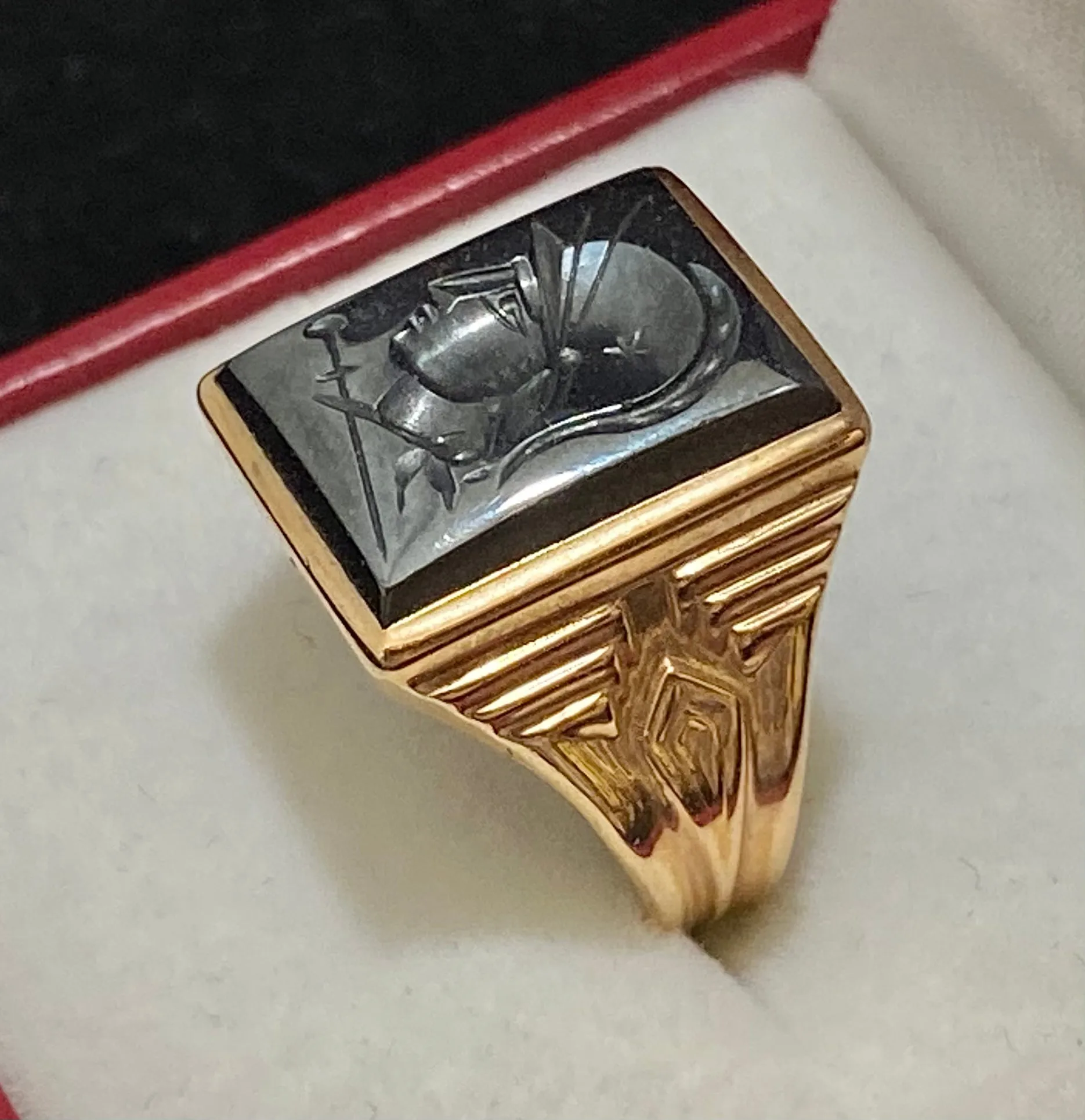 1920’s Church & Co. Designer Solid Yellow Gold with Intaglio Hematite Ring - $5K Appraisal Value w/ CoA! }