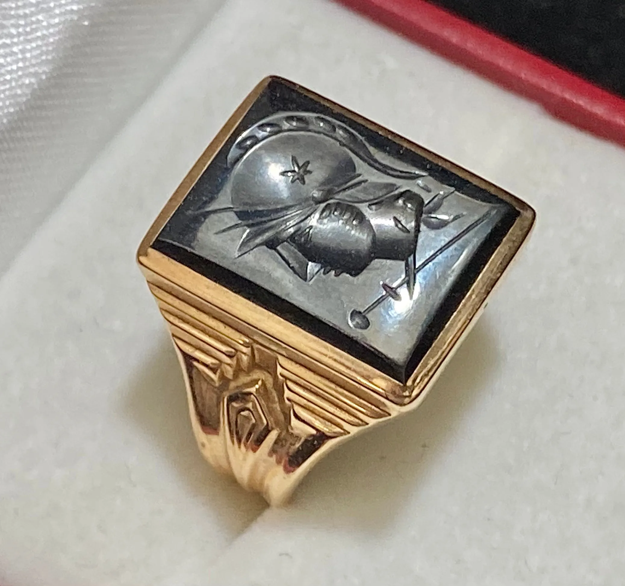 1920’s Church & Co. Designer Solid Yellow Gold with Intaglio Hematite Ring - $5K Appraisal Value w/ CoA! }