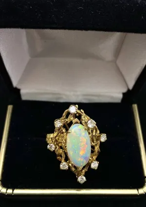 1940's Antique Designer Solid Yellow Gold Opal and Diamond Ring - $13K Appraisal Value w/ CoA!