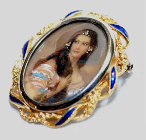 1940s Hand Painted Miniature of a Woman Brooch/Pendant in 18K Yellow Gold - $15K VALUE