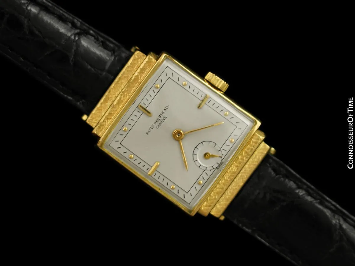 1946 Patek Philippe Vintage Mens Late Art Deco Handwound Watch with Stepped Lugs - 18K Gold