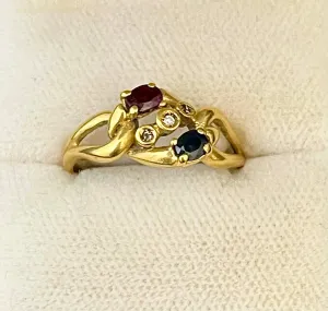 1950s Designer Unique 18KYG with Sapphire, Ruby & Diamonds Ring - $5K APR Value w/CoA!