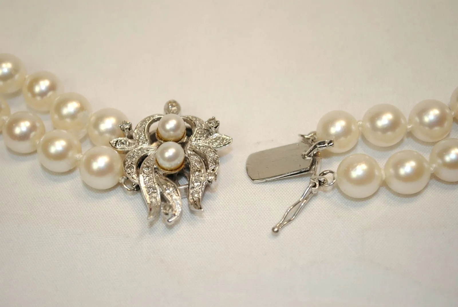 1950s Vintage Double-Strand Saltwater 7.5 mm Pearl Necklace with Diamond Clasp - $25K VALUE