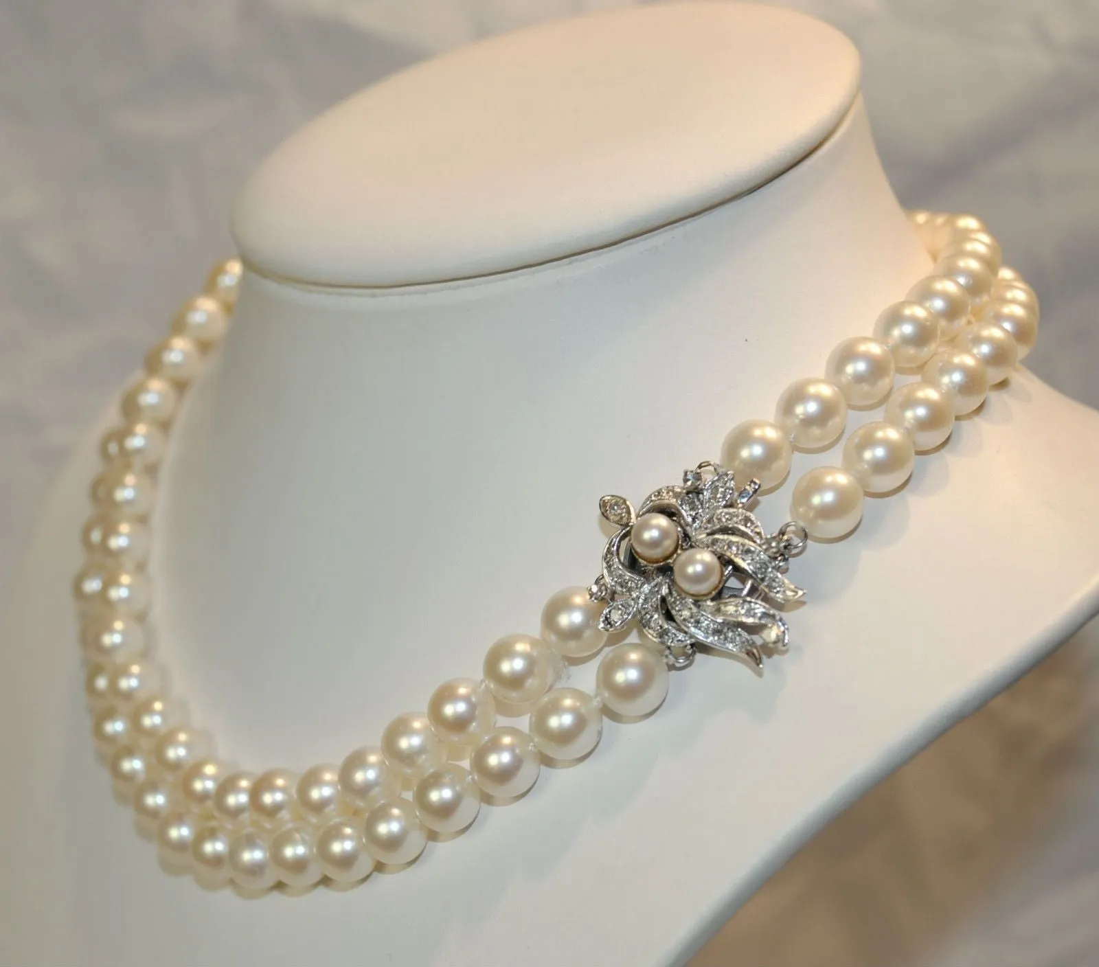 1950s Vintage Double-Strand Saltwater 7.5 mm Pearl Necklace with Diamond Clasp - $25K VALUE