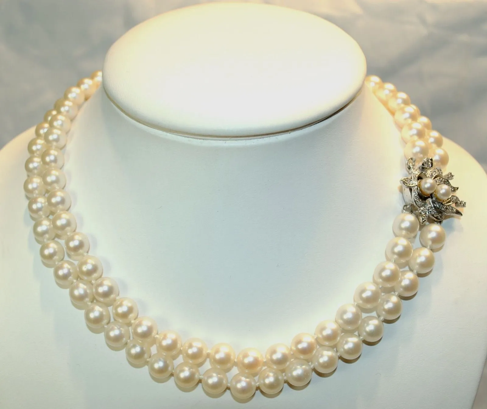 1950s Vintage Double-Strand Saltwater 7.5 mm Pearl Necklace with Diamond Clasp - $25K VALUE