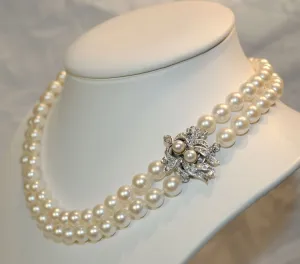 1950s Vintage Double-Strand Saltwater 7.5 mm Pearl Necklace with Diamond Clasp - $25K VALUE