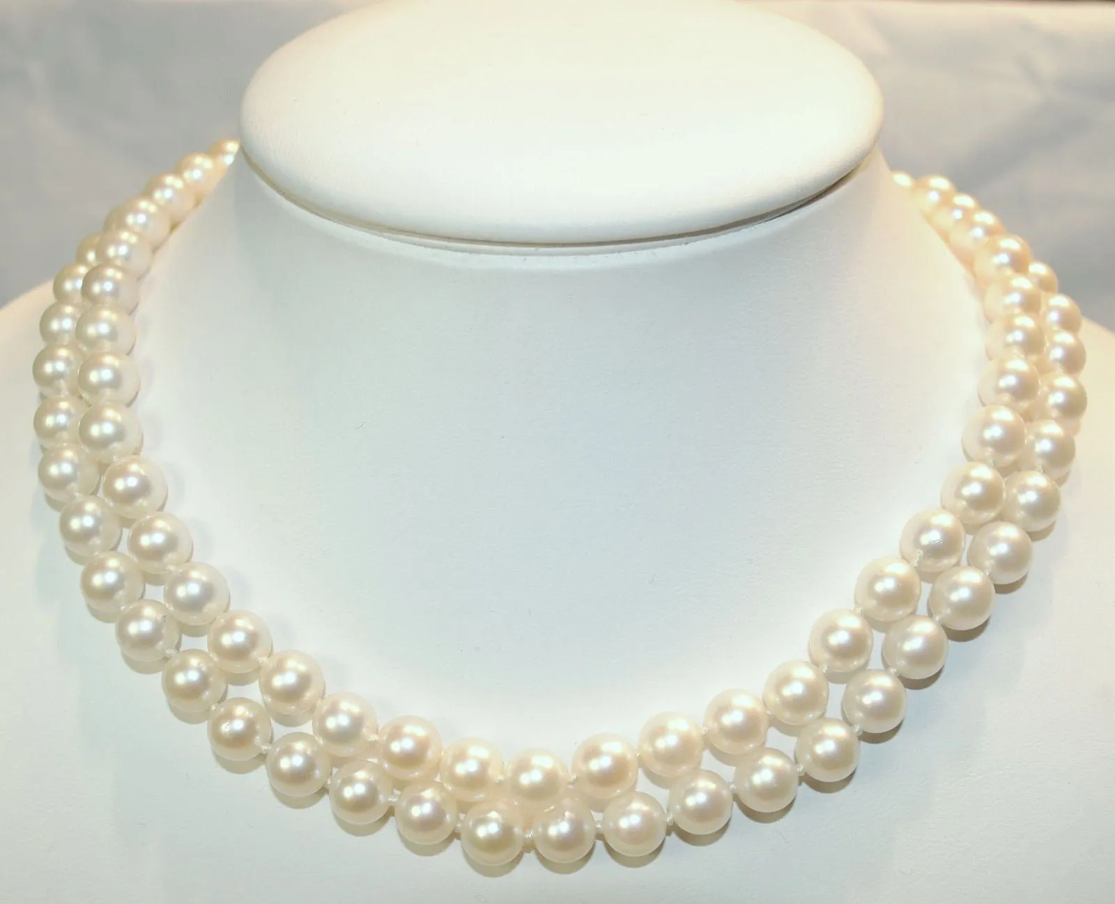 1950s Vintage Double-Strand Saltwater 7.5 mm Pearl Necklace with Diamond Clasp - $25K VALUE