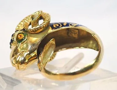 1950s Vintage Enamel Ram Head Wrap Around Ring in 18K Yellow Gold - $8K VALUE