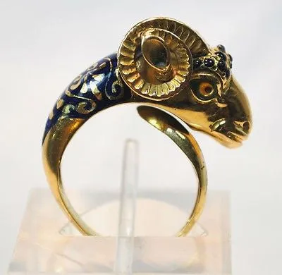 1950s Vintage Enamel Ram Head Wrap Around Ring in 18K Yellow Gold - $8K VALUE
