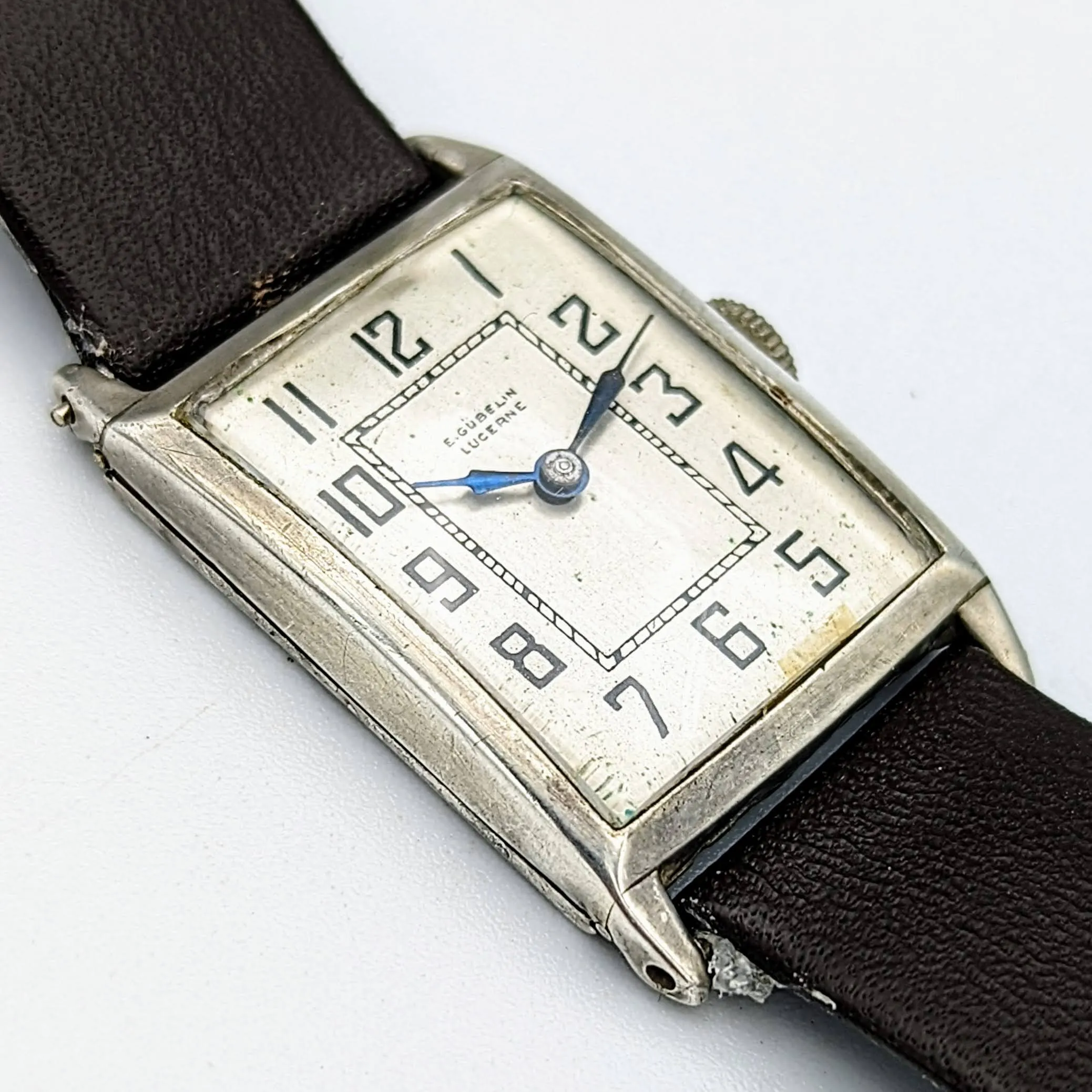 1952's E. GUBELIN LUCERNE Silver Art Deco Watch Swiss Made Wristwatch