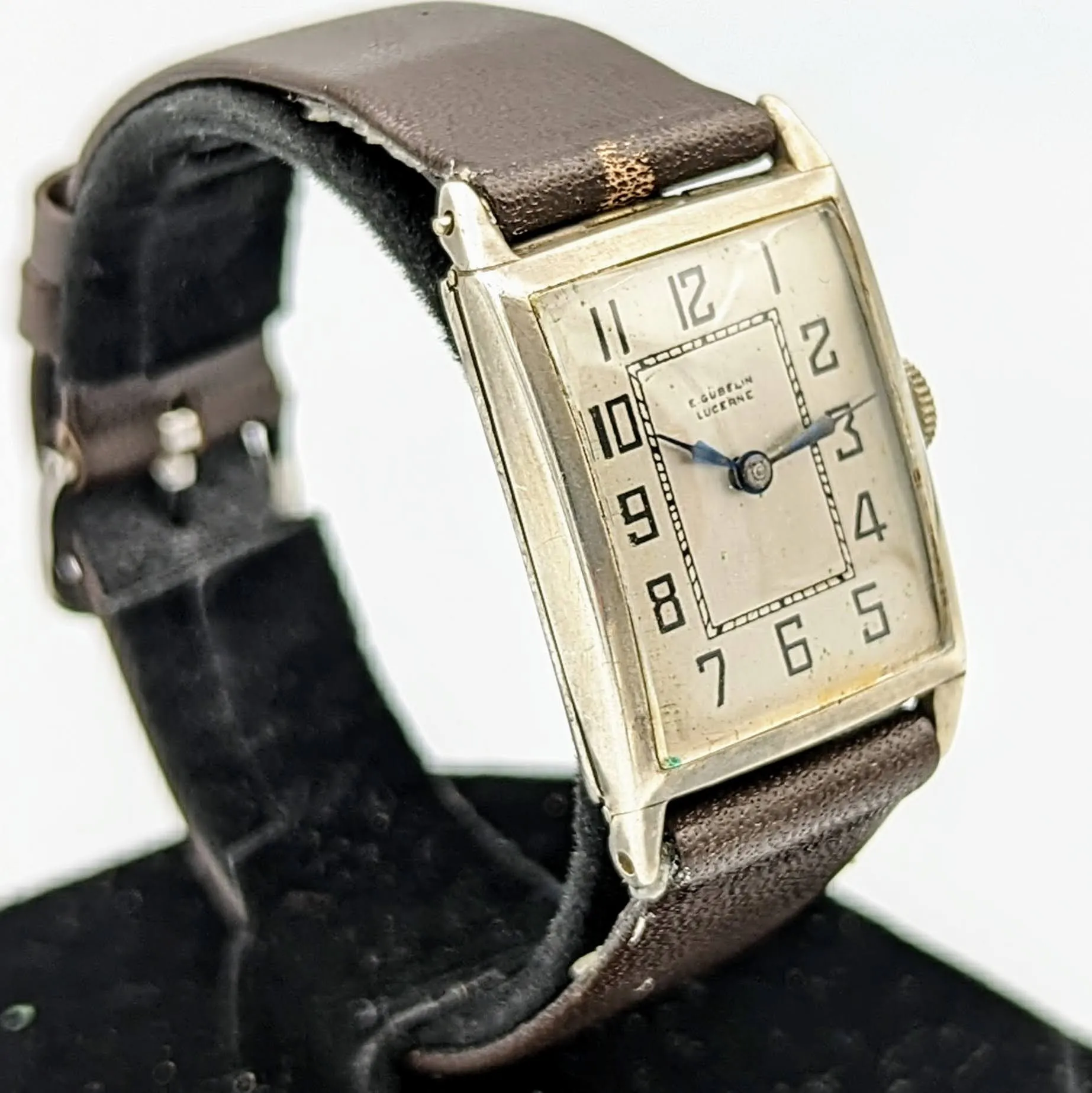 1952's E. GUBELIN LUCERNE Silver Art Deco Watch Swiss Made Wristwatch