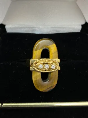 1960's Unique 20cts Tiger Eye Solid Yellow Gold Diamond Ring - $6K Appraisal Value w/ CoA!