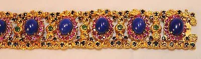 1970s Vintage Blue Lapis Lazuli, Emerald, Pink & Blue Sapphire Bracelet in 22K Yellow Gold UGL Certified - $22.5K VALUE