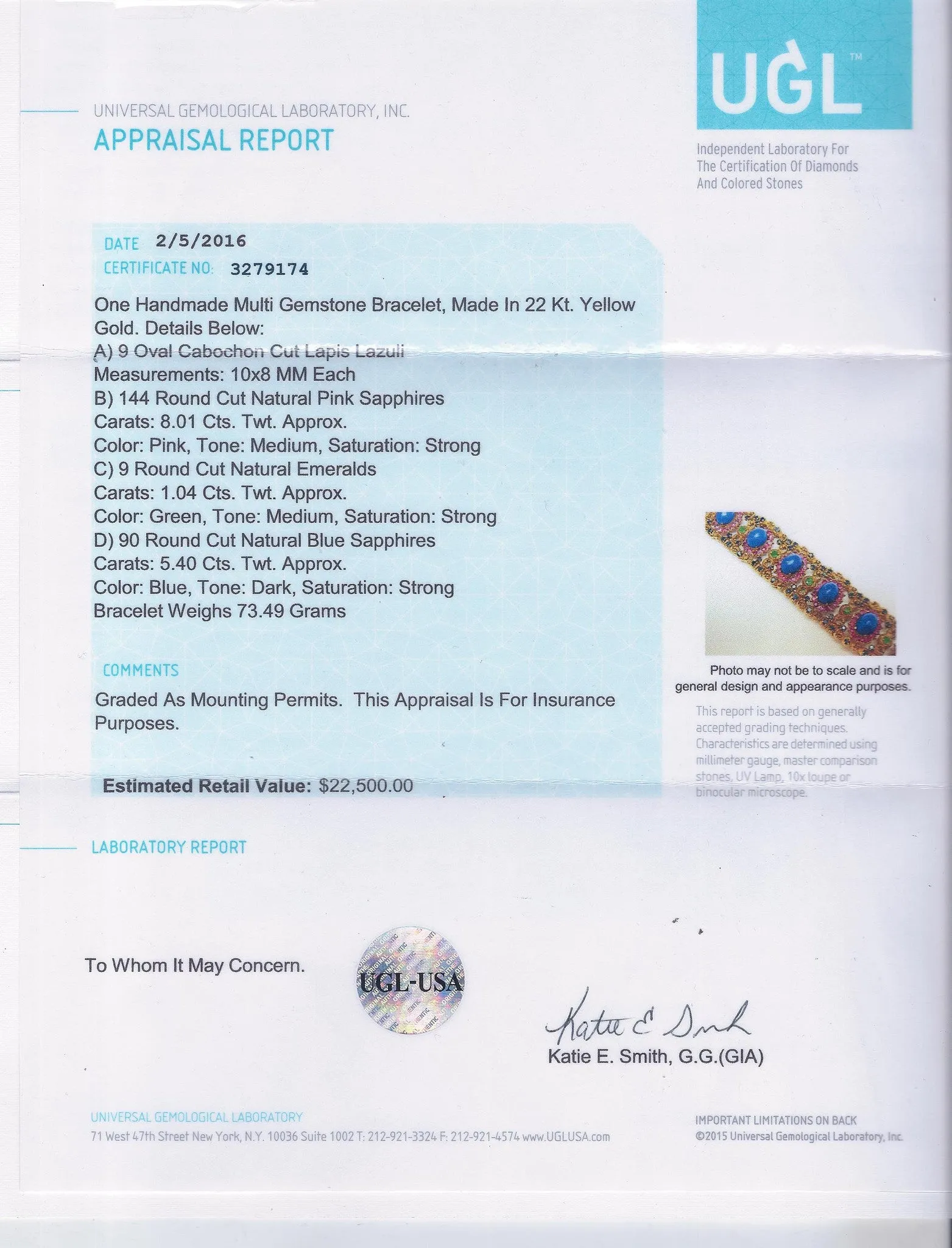 1970s Vintage Blue Lapis Lazuli, Emerald, Pink & Blue Sapphire Bracelet in 22K Yellow Gold UGL Certified - $22.5K VALUE