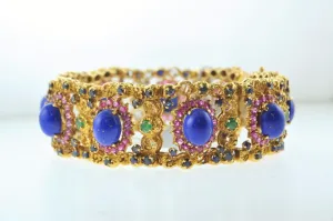 1970s Vintage Blue Lapis Lazuli, Emerald, Pink & Blue Sapphire Bracelet in 22K Yellow Gold UGL Certified - $22.5K VALUE