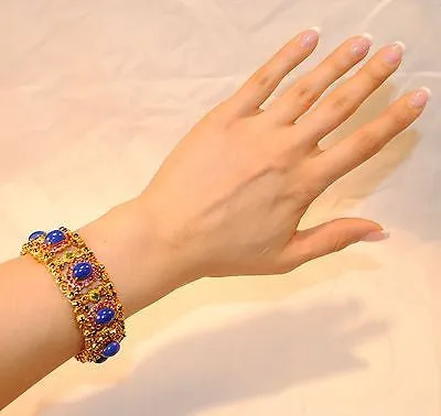 1970s Vintage Blue Lapis Lazuli, Emerald, Pink & Blue Sapphire Bracelet in 22K Yellow Gold UGL Certified - $22.5K VALUE