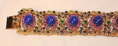 1970s Vintage Blue Lapis Lazuli, Emerald, Pink & Blue Sapphire Bracelet in 22K Yellow Gold UGL Certified - $22.5K VALUE