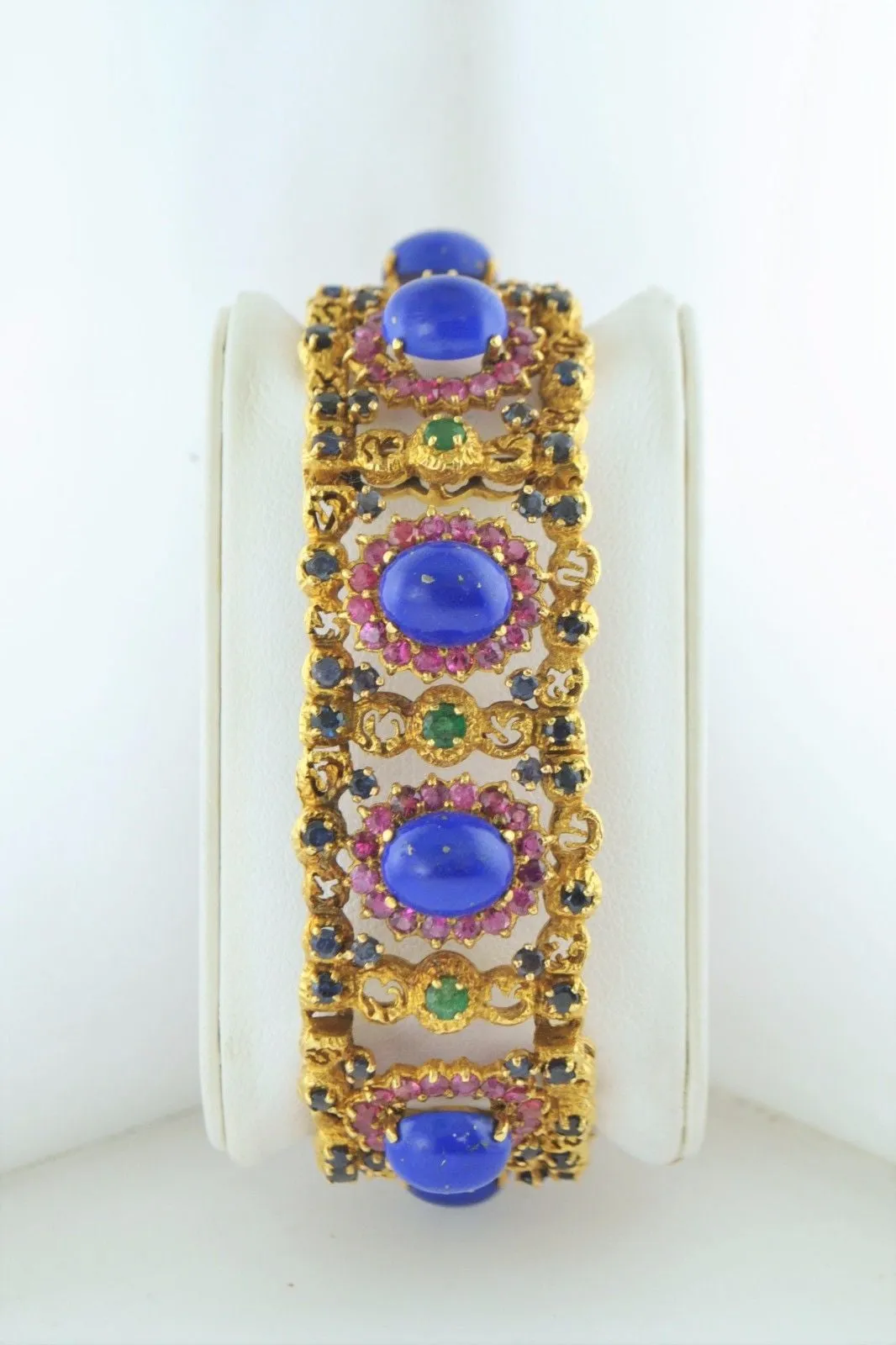 1970s Vintage Blue Lapis Lazuli, Emerald, Pink & Blue Sapphire Bracelet in 22K Yellow Gold UGL Certified - $22.5K VALUE