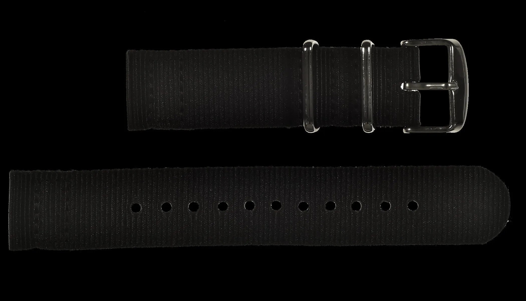 2 Piece 20mm Black NATO Military Watch Strap in Ballistic Nylon with Stainless Steel Fasteners