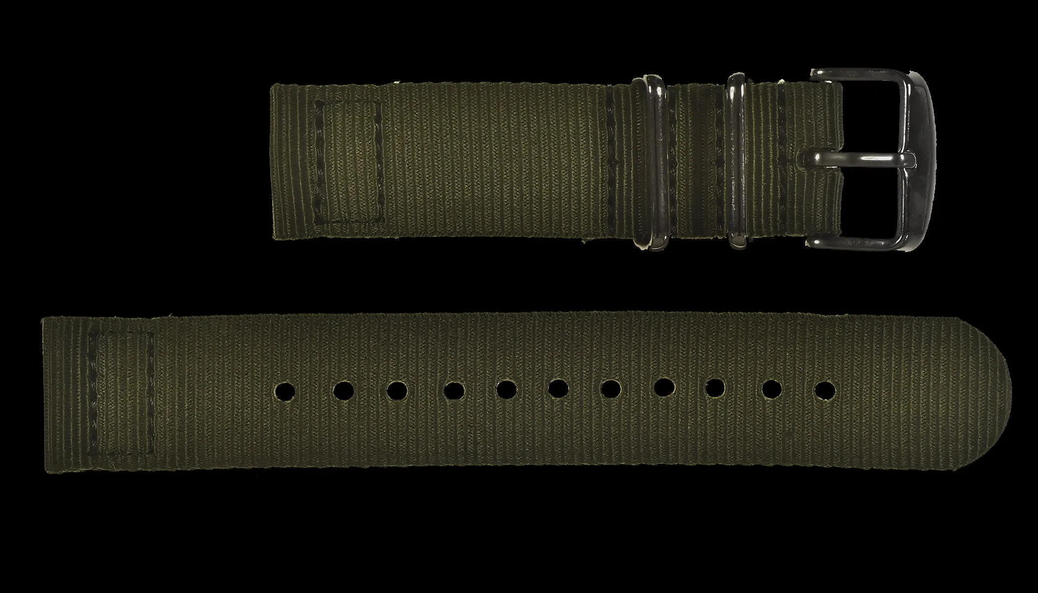 2 Piece 20mm Olive NATO Military Watch Strap in Ballistic Nylon with Stainless Steel Fasteners