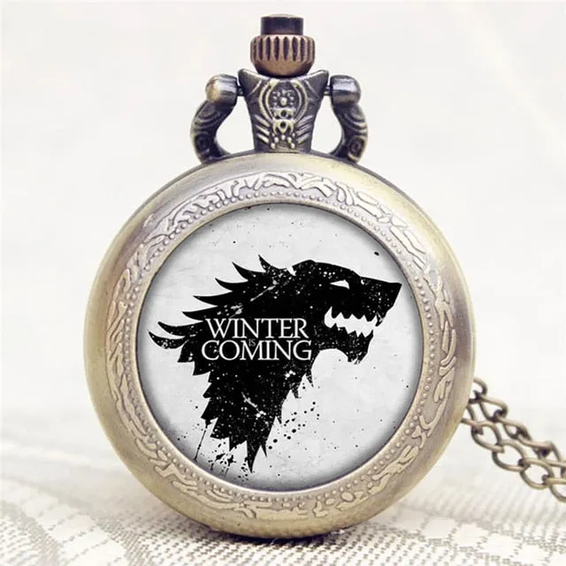 2016 Antique Game of Thrones Stark Family Crest Winter is Coming Design Pocket Watch Unique Gifts Unisex Fob Clock