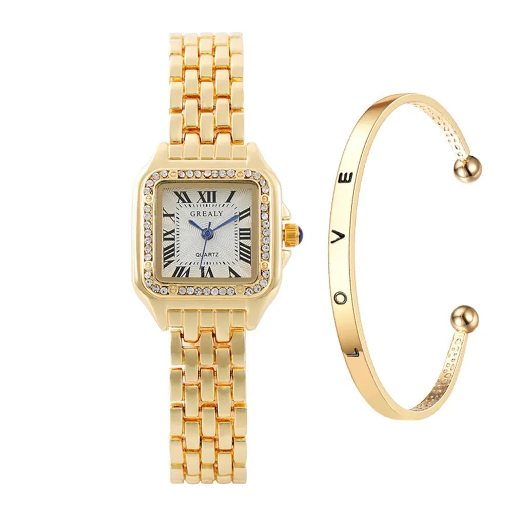 2023 Luxury Women's Fashion Square Watches Gold Alloy Strap Ladies Quartz Wristwatches Qualities Female Roman Scale Clock