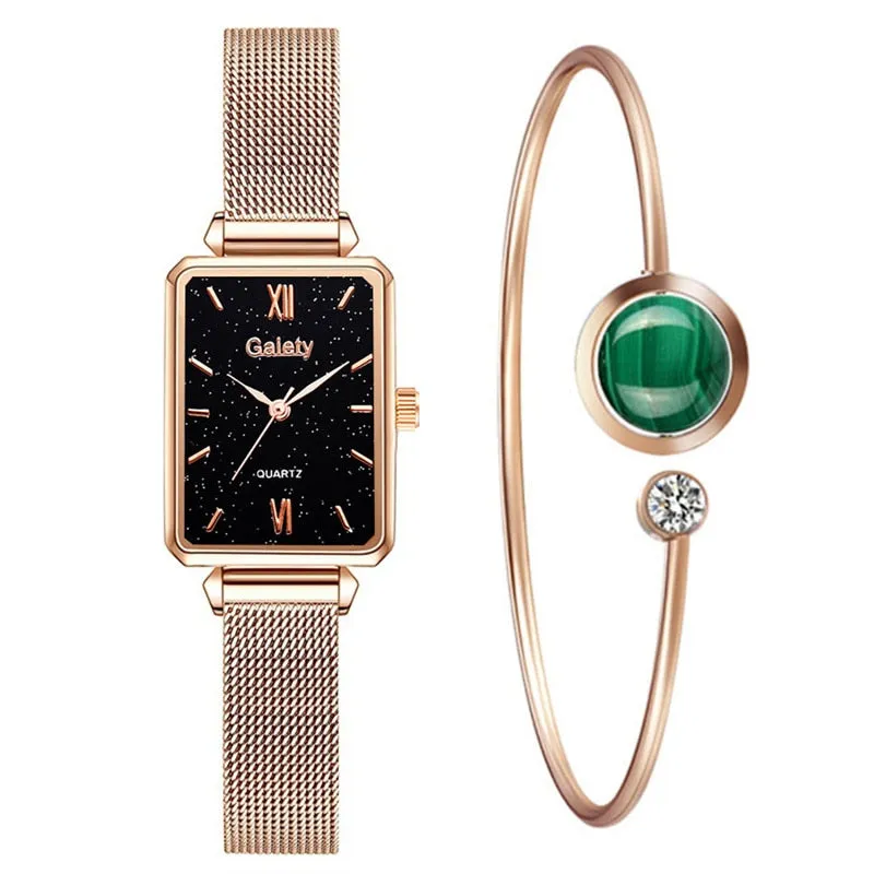 2pcs Set Women Watches Fashion Square Ladies Quartz Watch