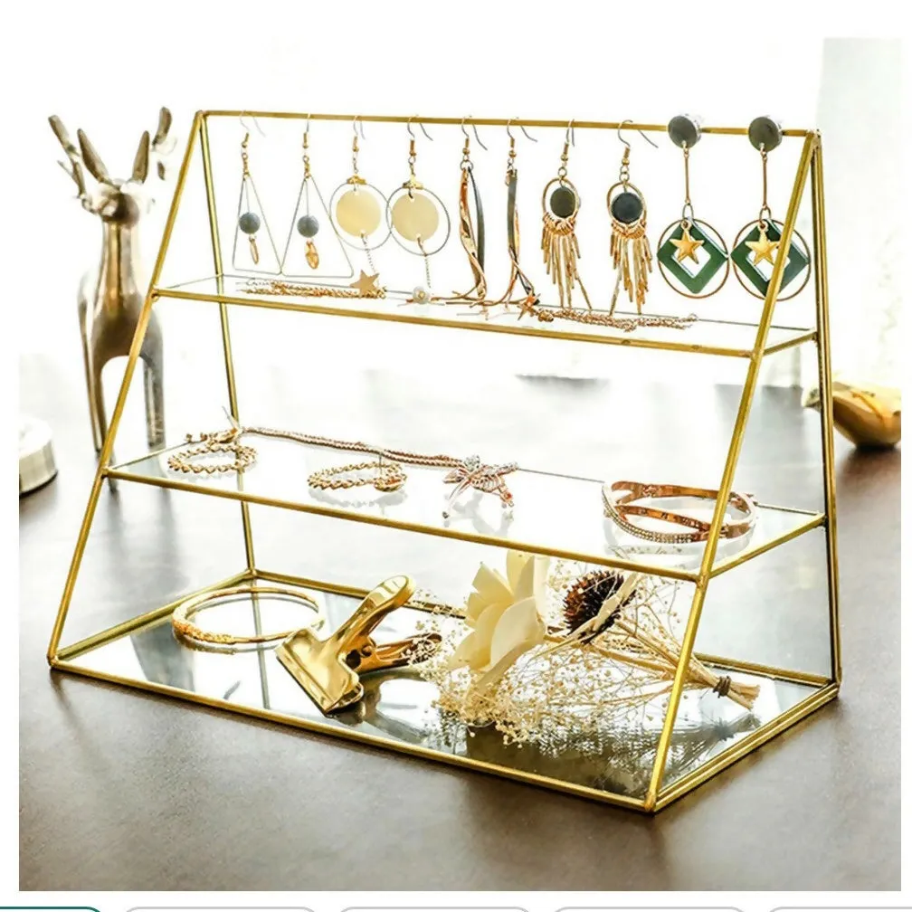 3 tier Golden metal Jewelry cosmetics storage stand