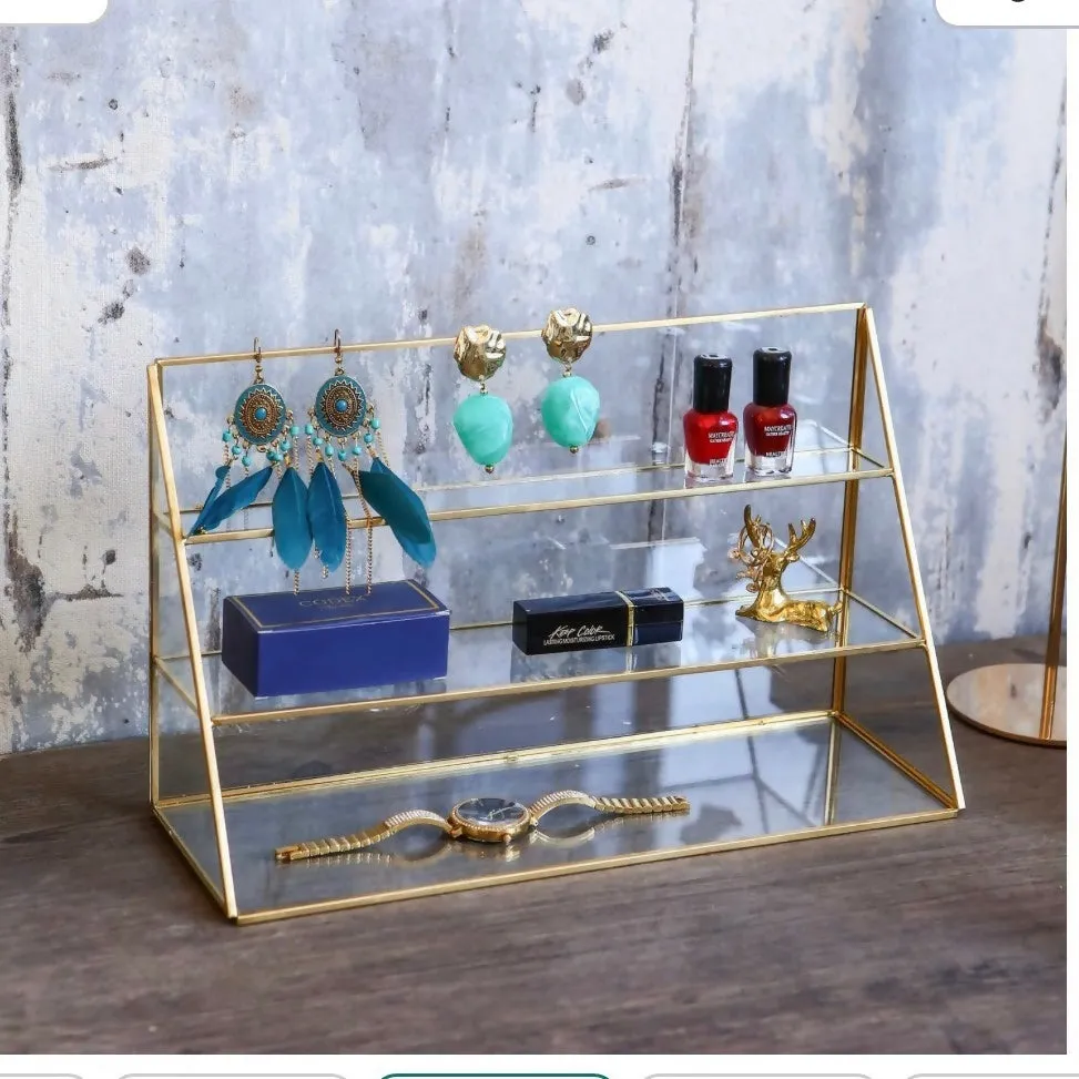 3 tier Golden metal Jewelry cosmetics storage stand