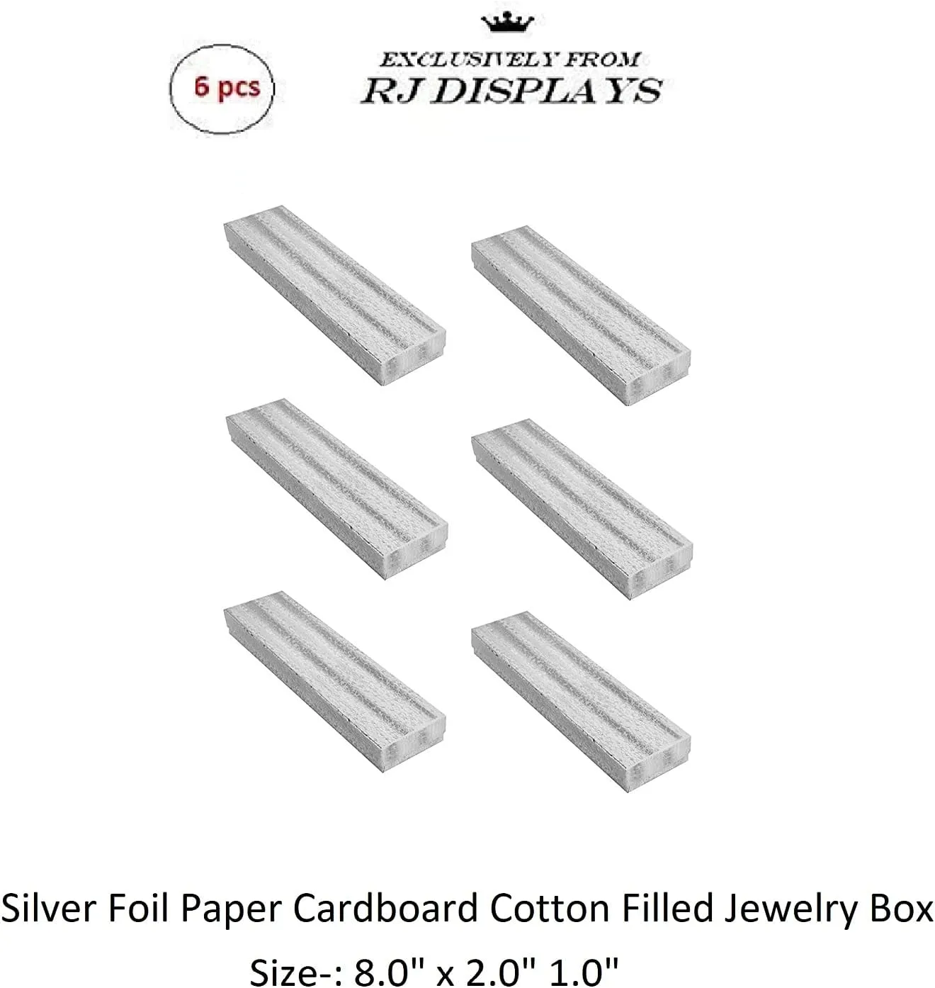6 Pack Silver Foil Paper Cardboard Color Cotton Boxes Jewelry Bracelet, Watches, Necklace and Anklet Gift Displays 8" x 2" By RJ Displays (Silver)