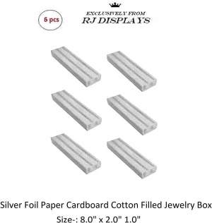6 Pack Silver Foil Paper Cardboard Color Cotton Boxes Jewelry Bracelet, Watches, Necklace and Anklet Gift Displays 8" x 2" By RJ Displays (Silver)