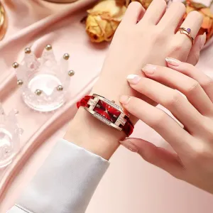 6PCS Set Fashion Women Rectangle Watches Ladies Dress Red Leather Quartz Watch Womens