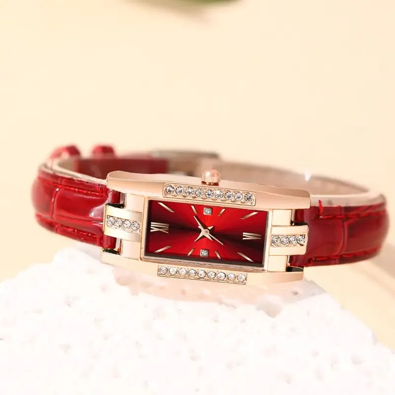 6PCS Set Fashion Women Rectangle Watches Ladies Dress Red Leather Quartz Watch Womens