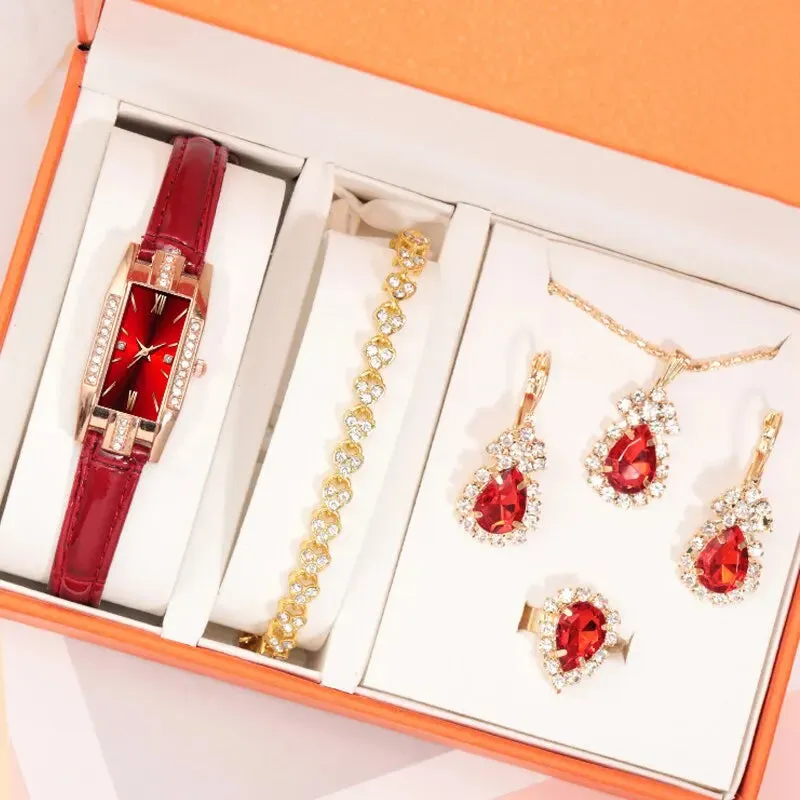 6PCS Set Fashion Women Rectangle Watches Ladies Dress Red Leather Quartz Watch Womens