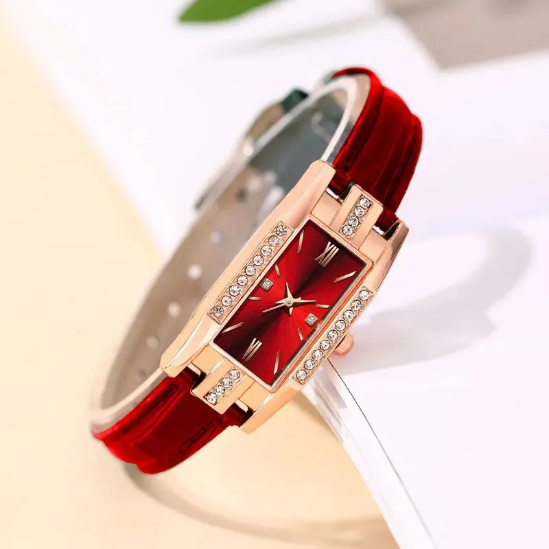 6PCS Set Fashion Women Rectangle Watches Ladies Dress Red Leather Quartz Watch Womens