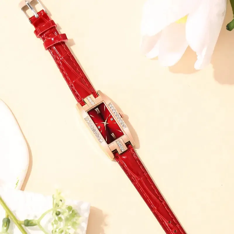 6PCS Set Fashion Women Rectangle Watches Ladies Dress Red Leather Quartz Watch Womens
