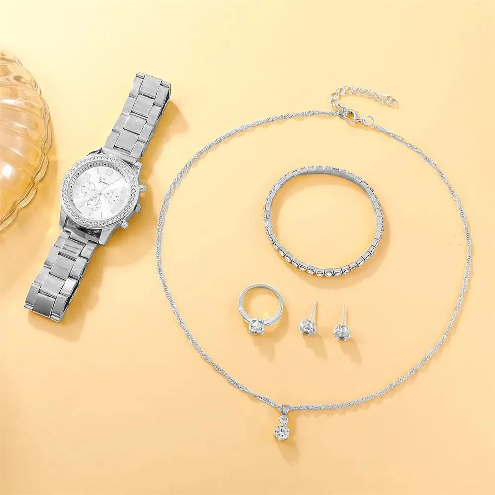 6PCS Set Luxury Watch Women Ring Necklace Earring  Watches Bracelet Set
