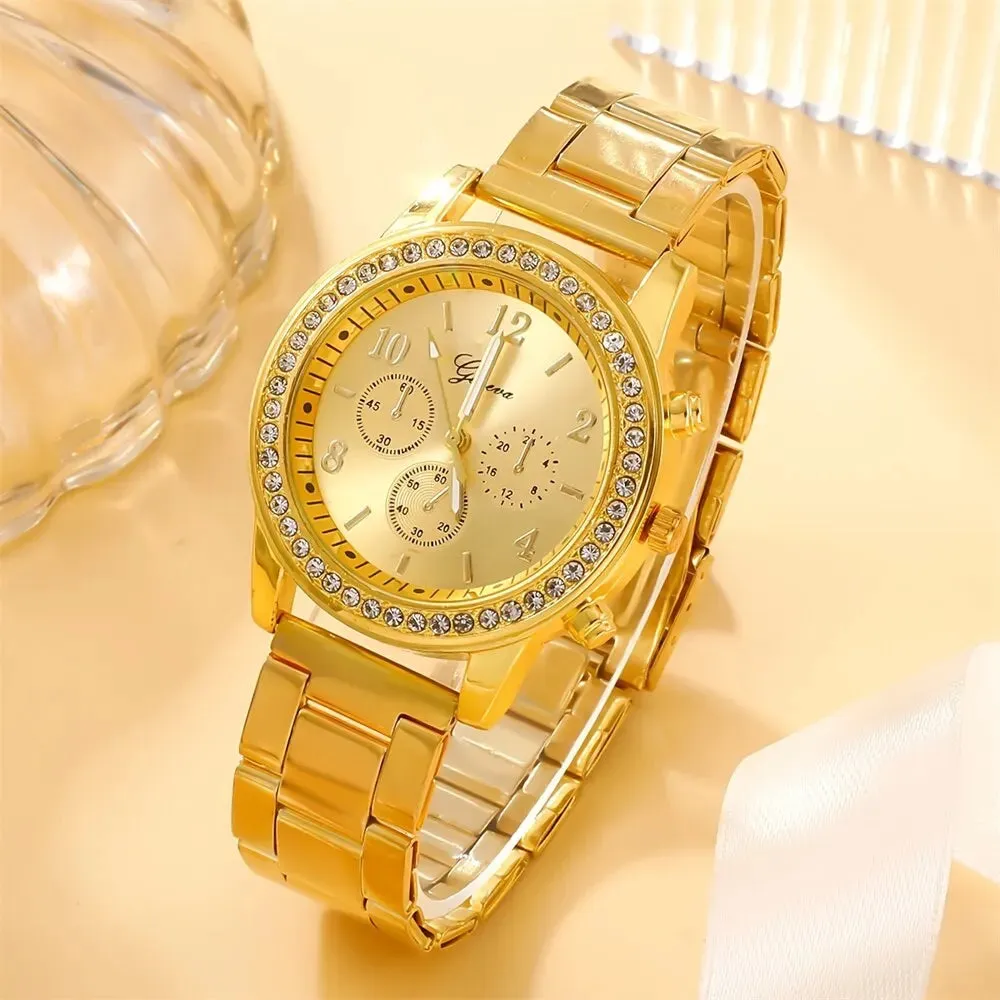 6PCS Set Luxury Watch Women Ring Necklace Earring  Watches Bracelet Set