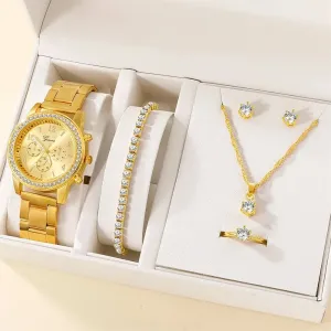 6PCS Set Luxury Watch Women Ring Necklace Earring  Watches Bracelet Set
