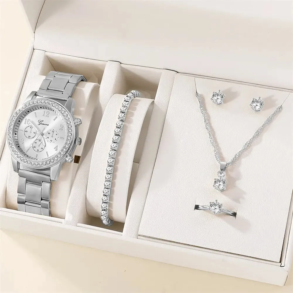 6PCS Set Luxury Watch Women Ring Necklace Earring  Watches Bracelet Set