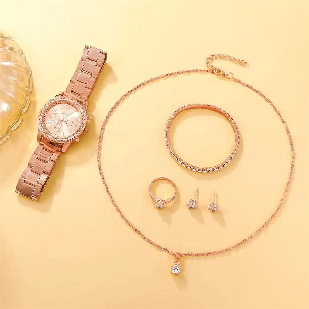 6PCS Set Luxury Watch Women Ring Necklace Earring  Watches Bracelet Set