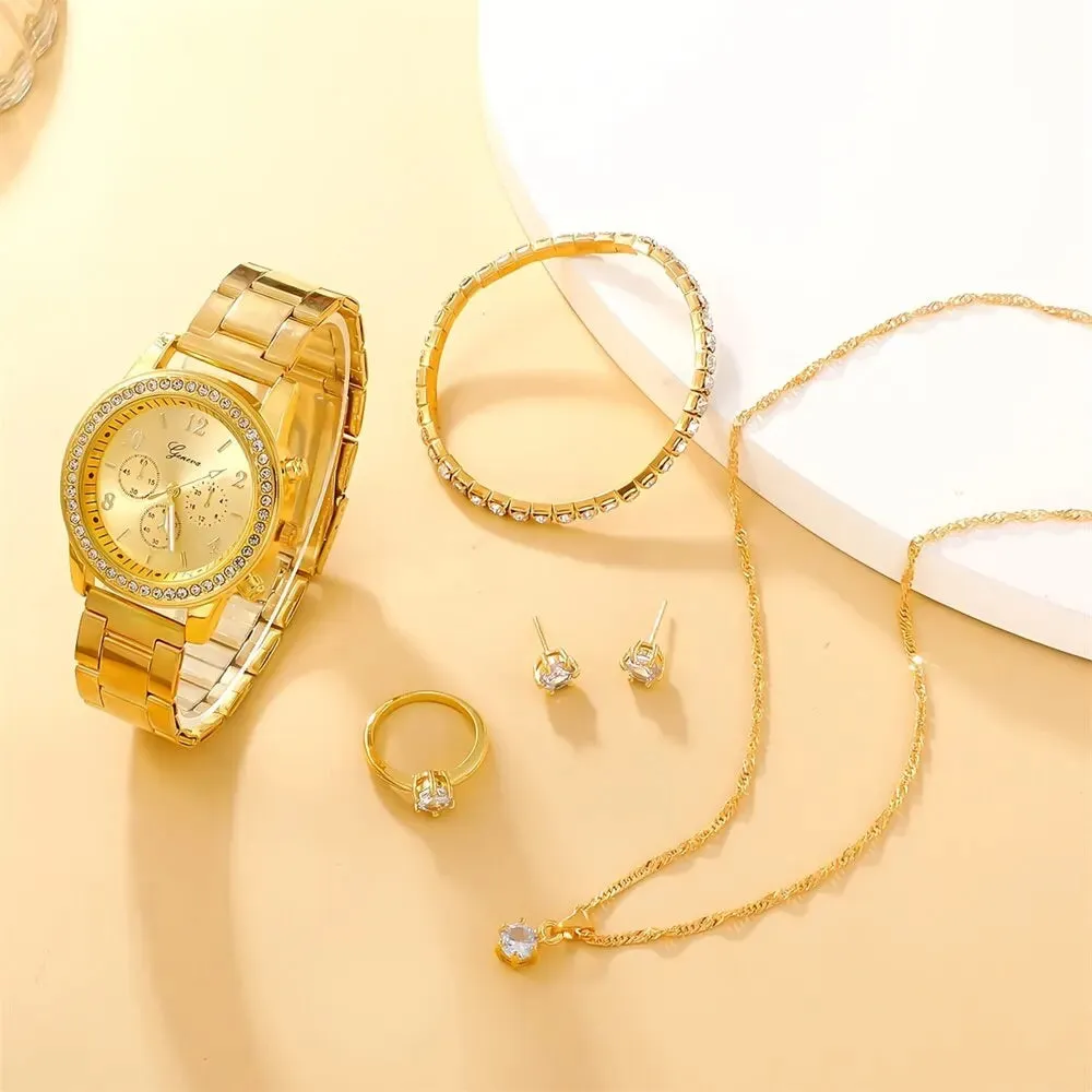 6PCS Set Luxury Watch Women Ring Necklace Earring  Watches Bracelet Set