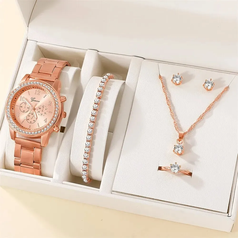 6PCS Set Luxury Watch Women Ring Necklace Earring  Watches Bracelet Set