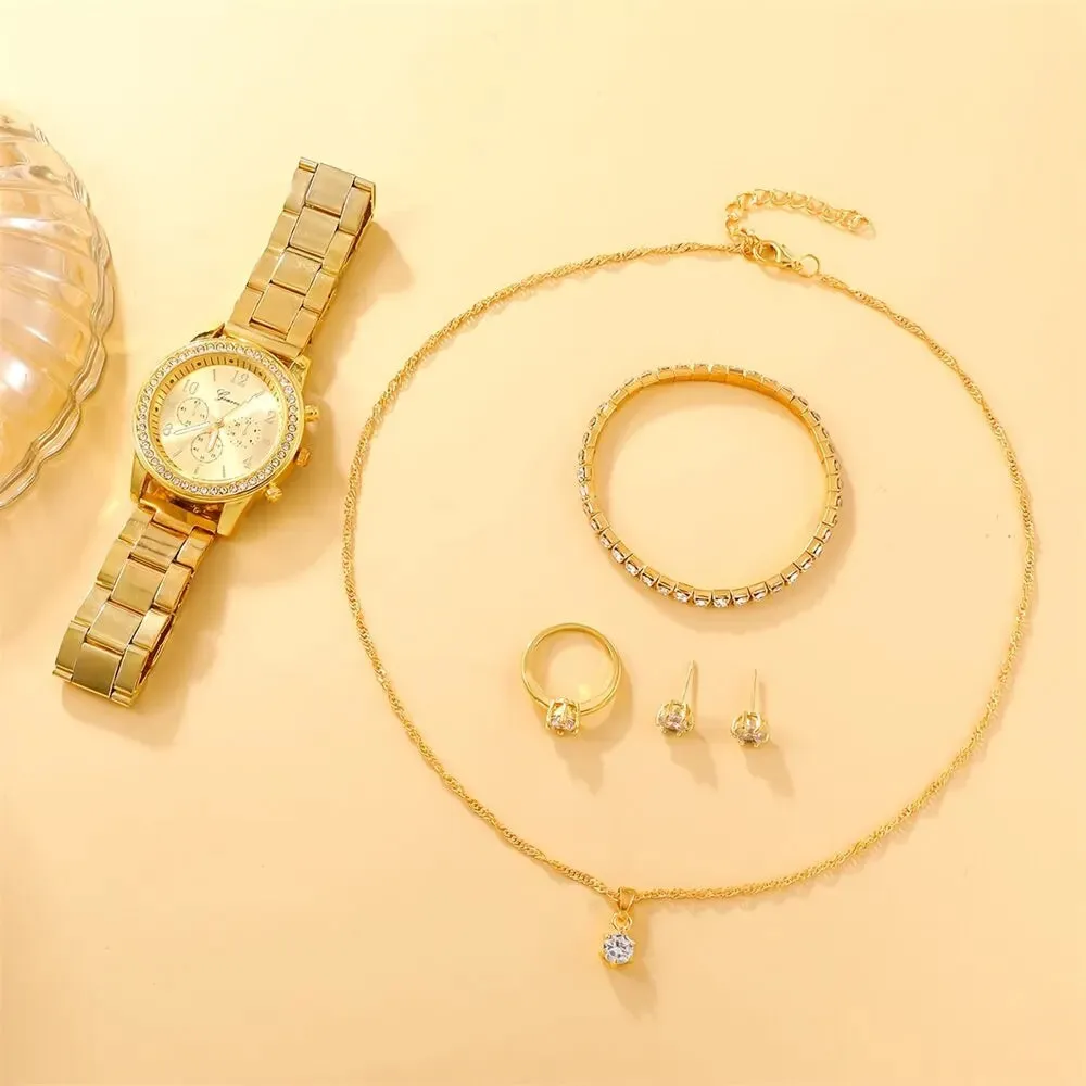 6PCS Set Luxury Watch Women Ring Necklace Earring  Watches Bracelet Set