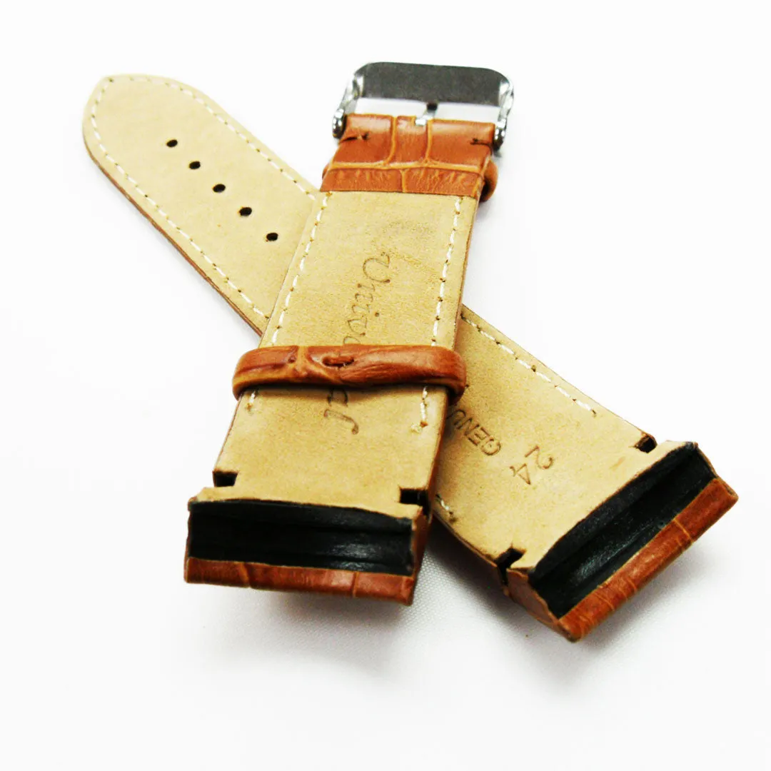 Alligator Curved Genuine Leather Watch Strap, 24MM, Black Color, Padded, Black Stitched, Regular Size, Silver Buckle, Watch Band Replacement