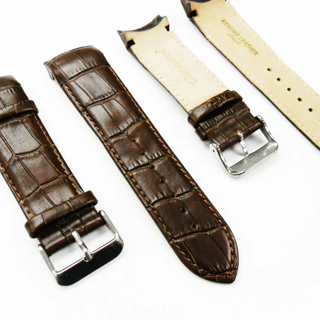 Alligator Curved Genuine Leather Watch Strap, 24MM, Black Color, Padded, Black Stitched, Regular Size, Silver Buckle, Watch Band Replacement