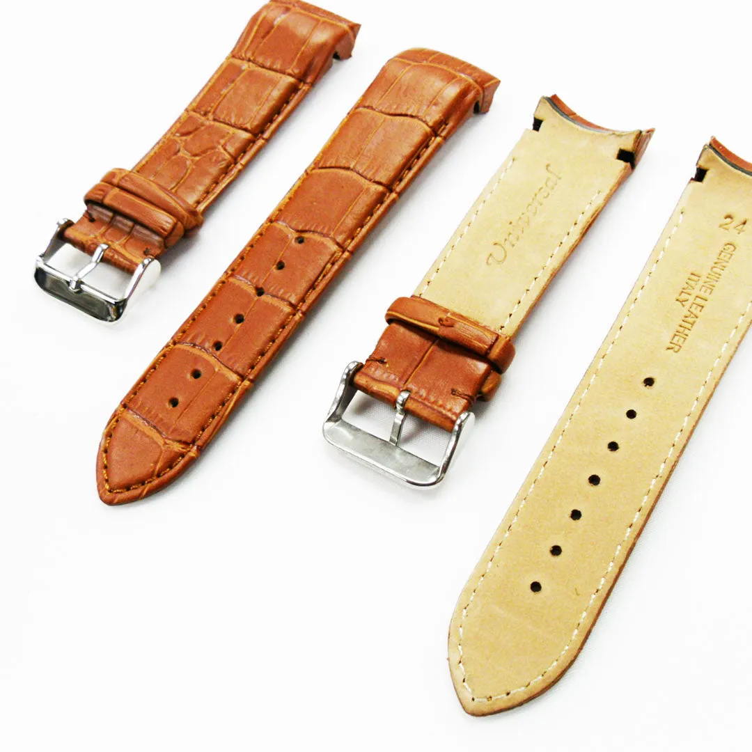 Alligator Curved Genuine Leather Watch Strap, 24MM, Black Color, Padded, Black Stitched, Regular Size, Silver Buckle, Watch Band Replacement
