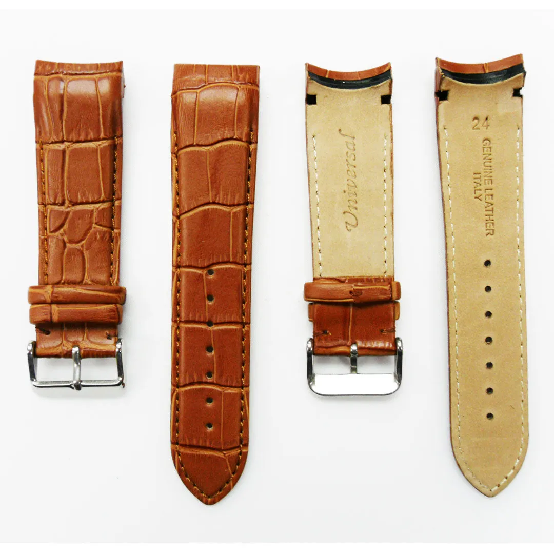 Alligator Curved Genuine Leather Watch Strap, 24MM, Black Color, Padded, Black Stitched, Regular Size, Silver Buckle, Watch Band Replacement