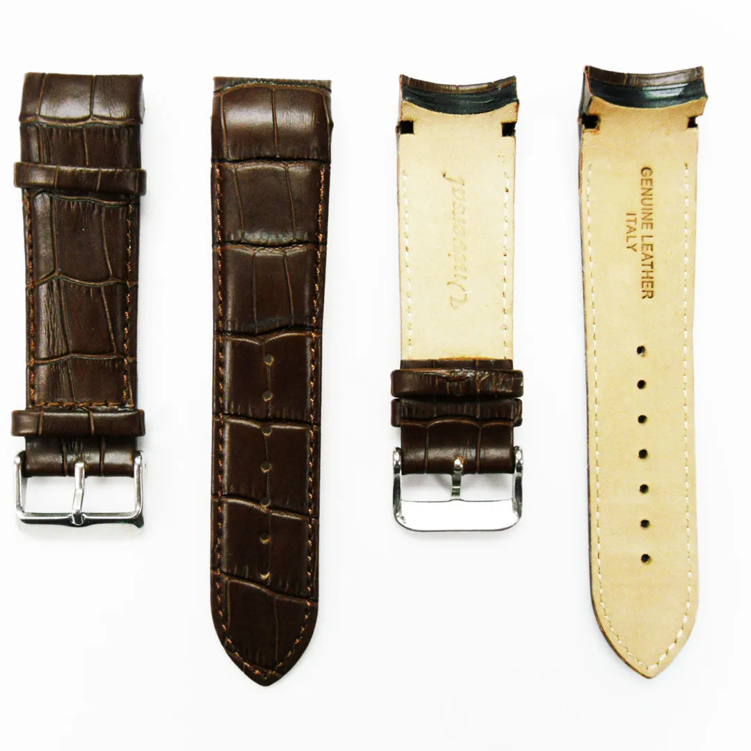 Alligator Curved Genuine Leather Watch Strap, 24MM, Black Color, Padded, Black Stitched, Regular Size, Silver Buckle, Watch Band Replacement